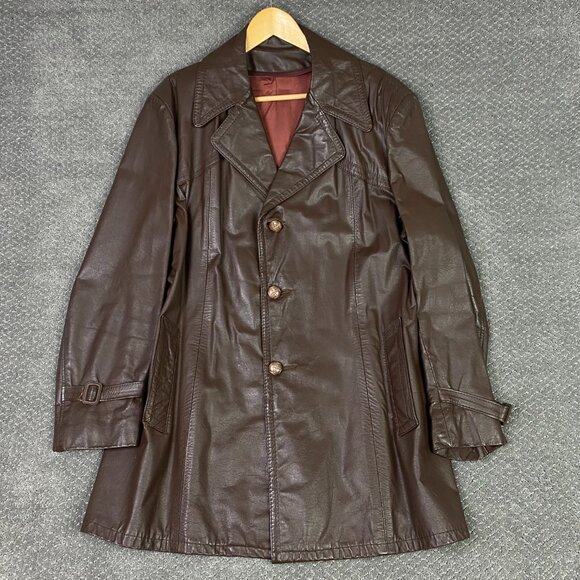 Vintage 70s Sears Leather Jacket Men's 44 Brown Fight Club Overcoat Top Coat - Picture 1 of 14